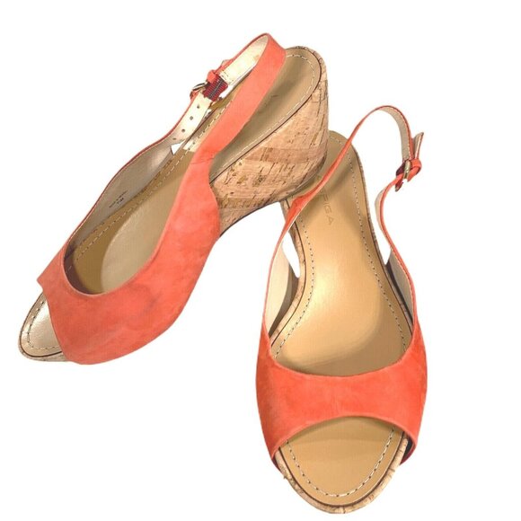 Via Spiga Shoes - VIA SPIGA Papaya Suede Slingback Slide On Cork Wedge Heel Sz 7.5M Peep Toe Shoes